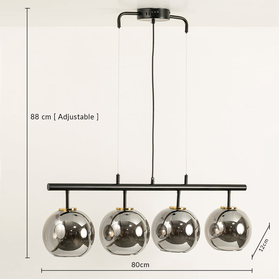 Designer black and chrome chandelier showing adjustable 88 cm height and 80 cm width ideal for luxury dining and home interiors.
