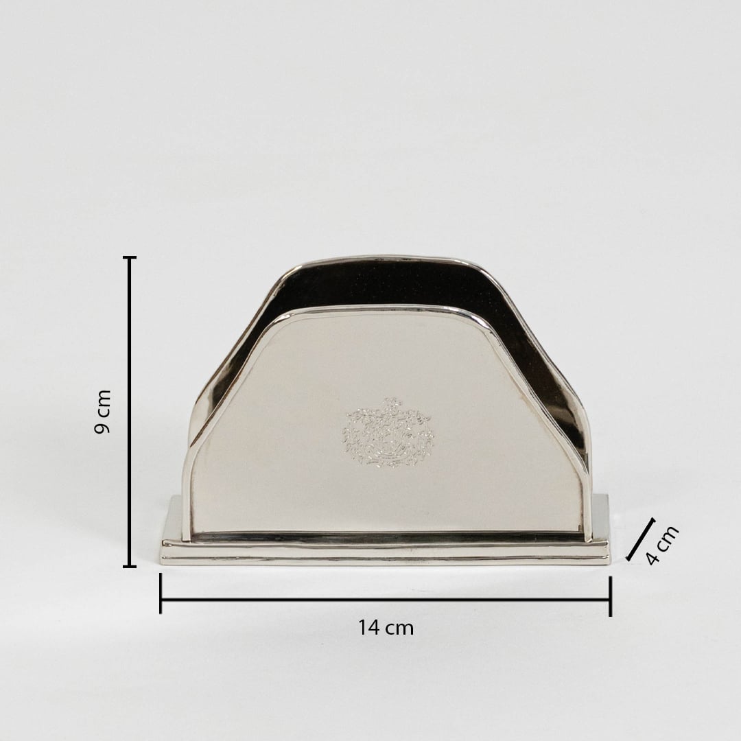 Silver tissue holder shown with dimension labels 10 cm height 14.5 cm width and 4.5 cm depth on white background.