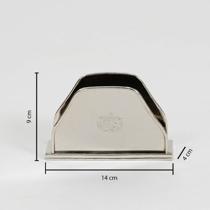 Silver tissue holder shown with dimension labels 10 cm height 14.5 cm width and 4.5 cm depth on white background.