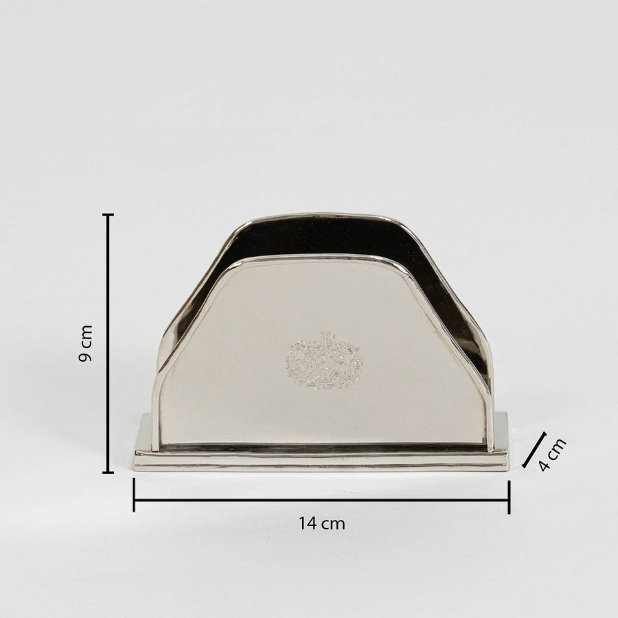 Silver tissue holder shown with dimension labels 10 cm height 14.5 cm width and 4.5 cm depth on white background.