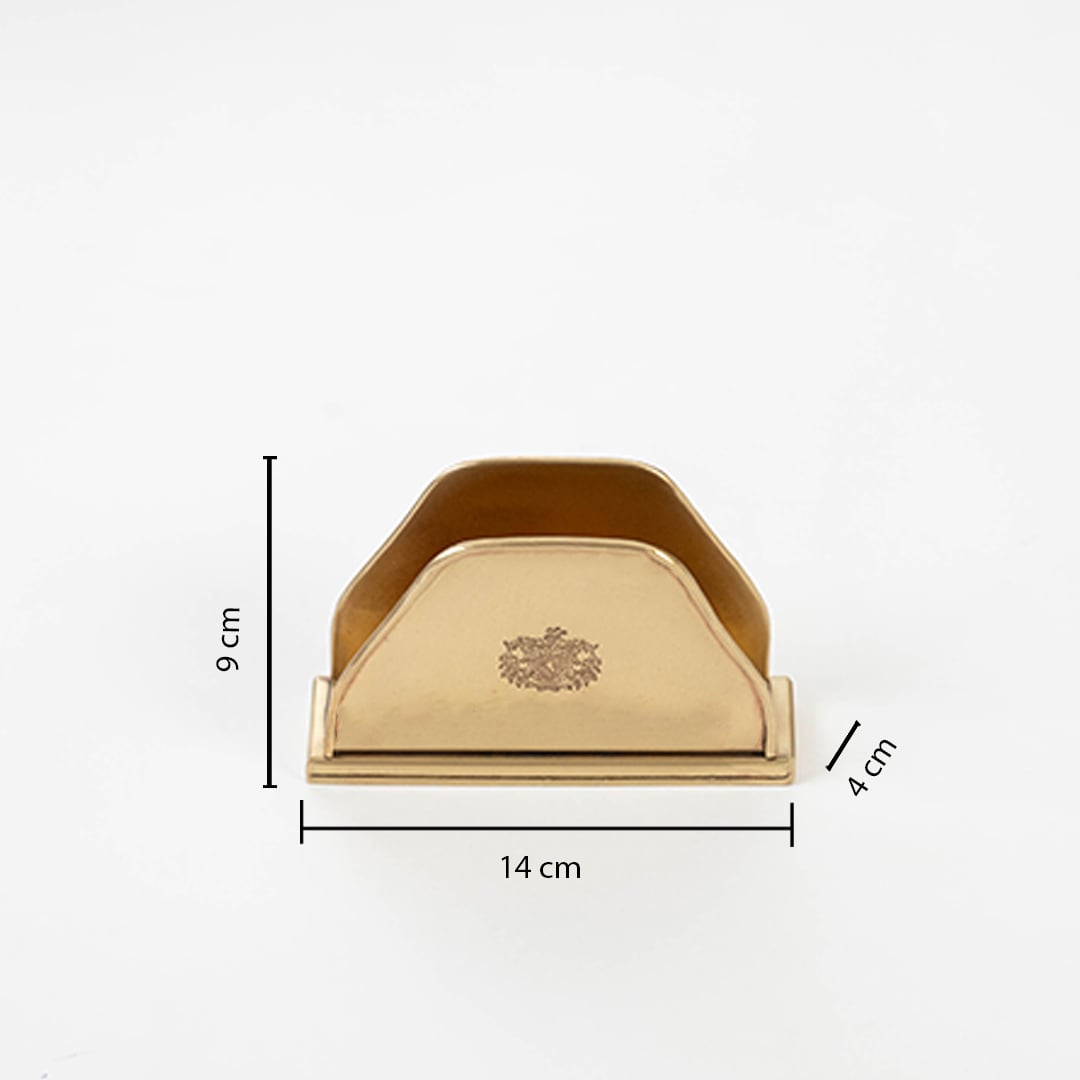 Brass tissue holder shown with labeled size 10 cm height 14.5 cm width and 4.5 cm depth on a white background.