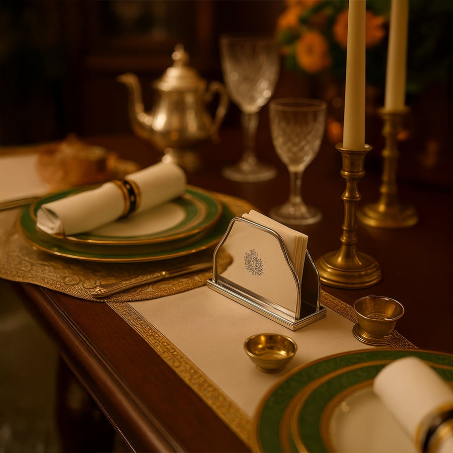 Elegant silver plated napkin holder on a formal dining table with green plates and brass candlesticks.