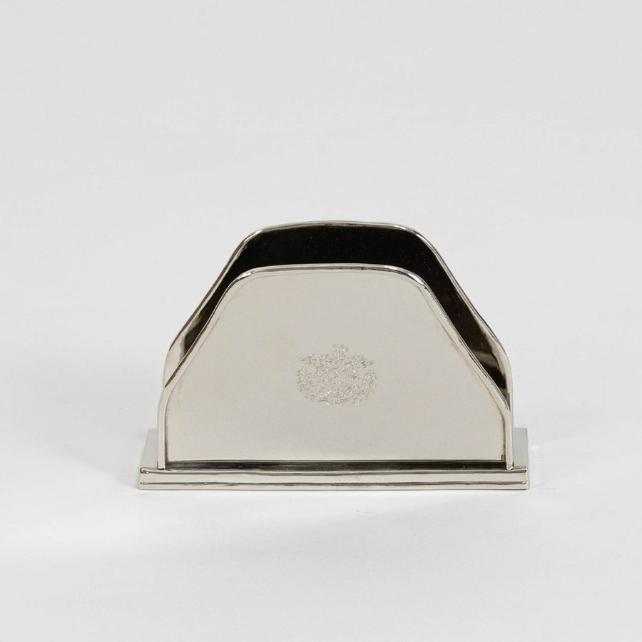 Main product image of silver tissue holder with royal crown engraving clean lines and rectangular base on white surface.