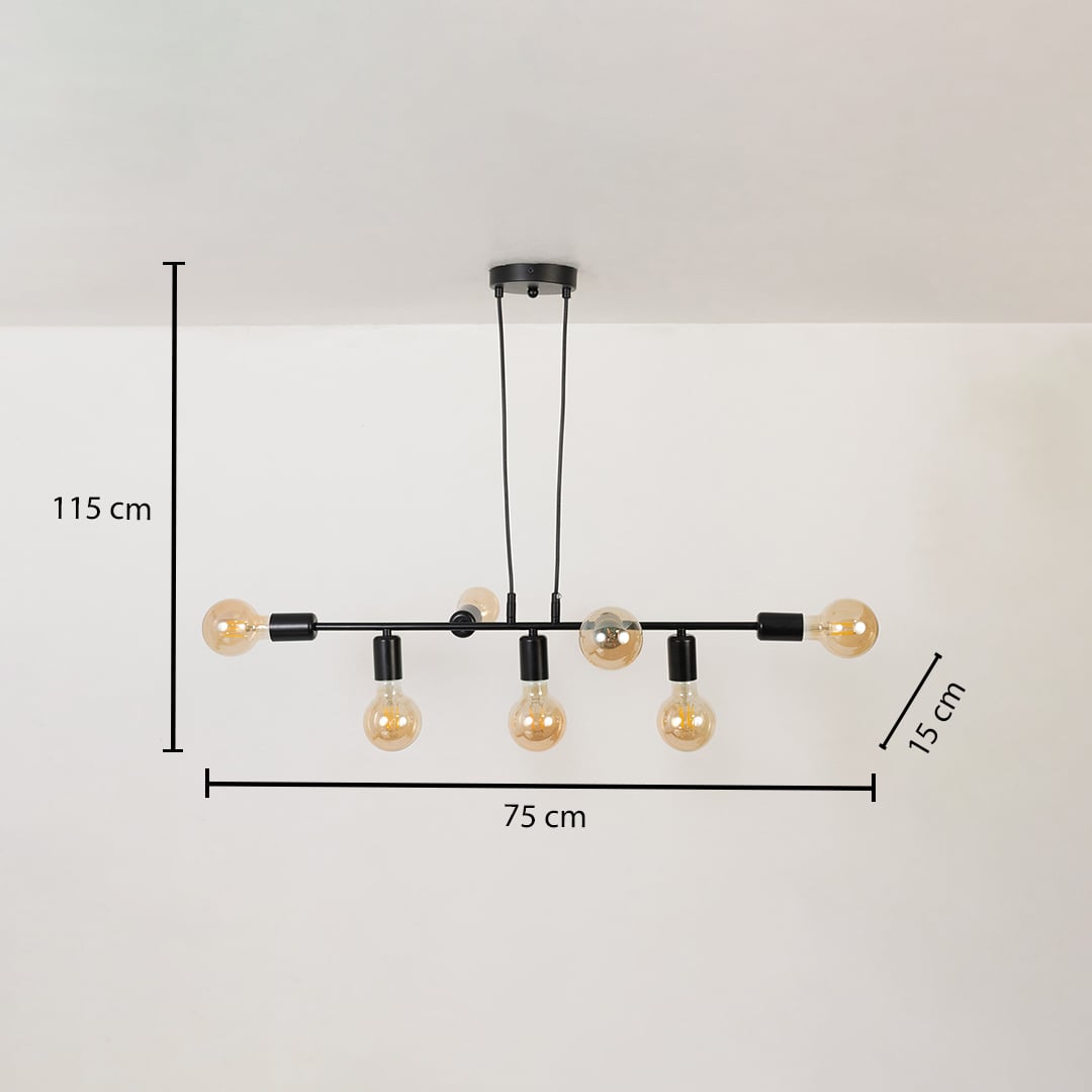Chandelier shown with 115 cm height 75 cm width and 15 cm bulb depth for accurate size reference.