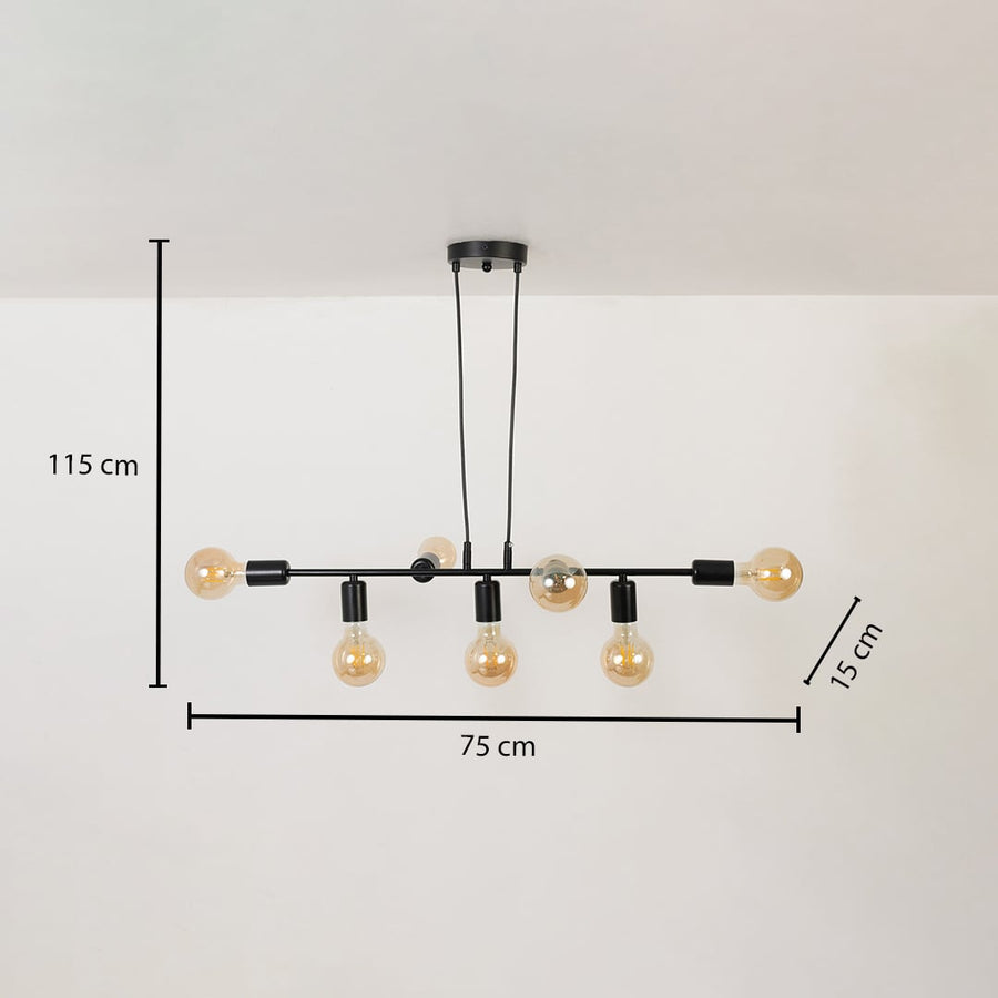 Chandelier shown with 115 cm height 75 cm width and 15 cm bulb depth for accurate size reference.