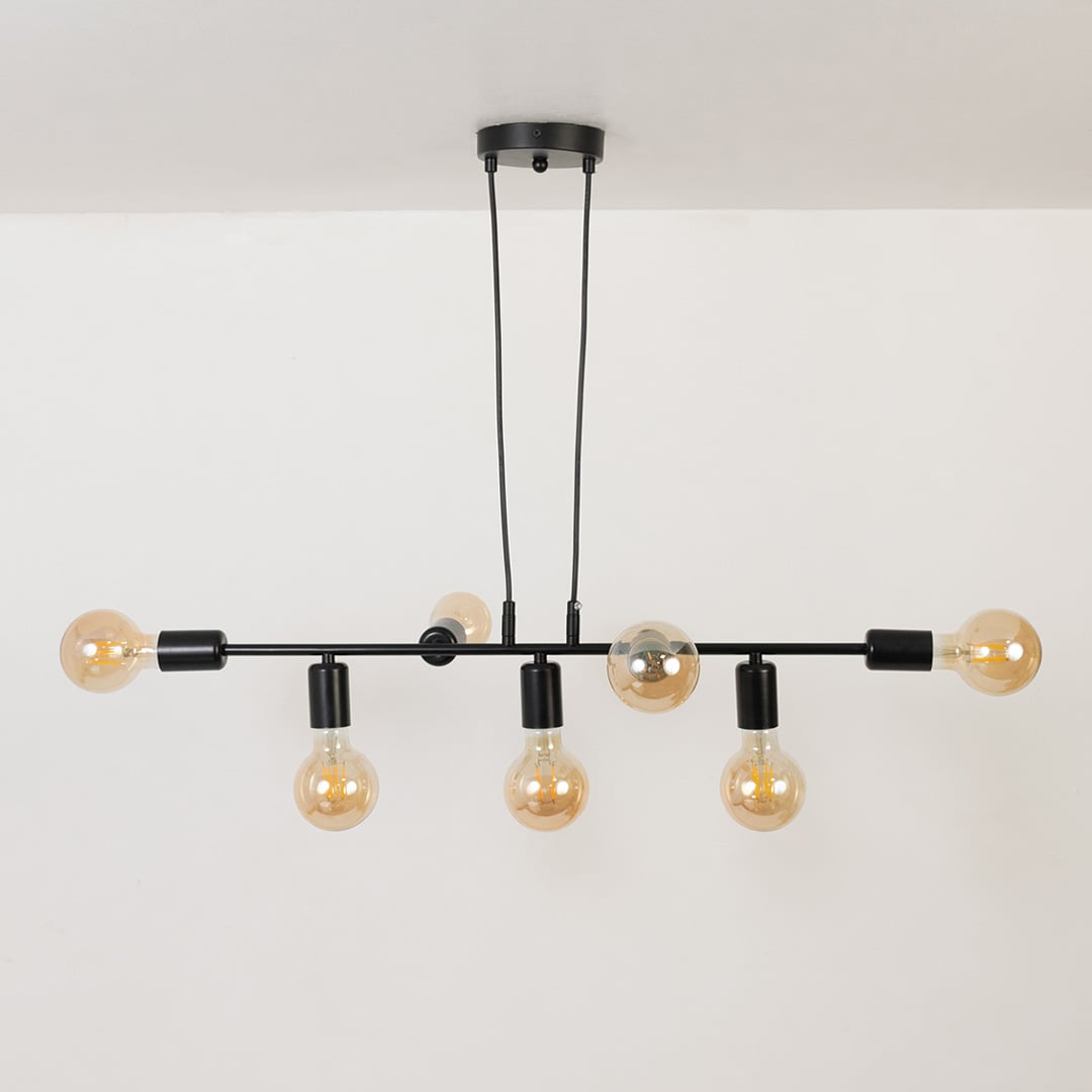 Chandelier displayed against a white background with lights turned off highlighting its matte black finish and minimalist structure.