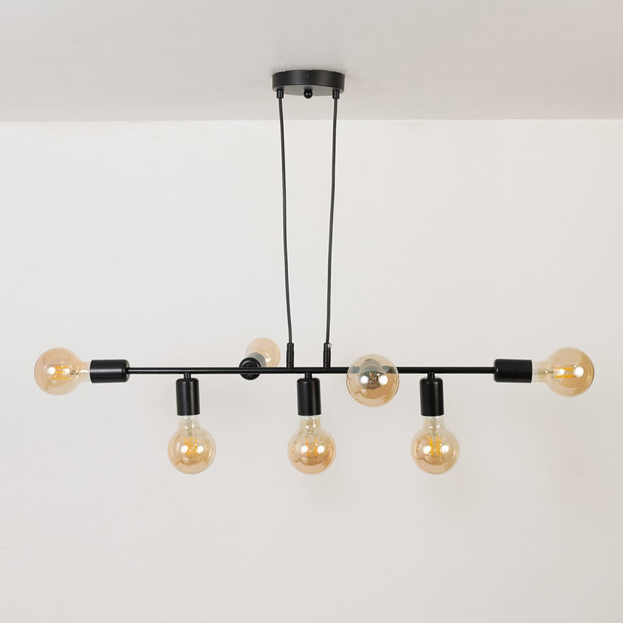 Chandelier displayed against a white background with lights turned off highlighting its matte black finish and minimalist structure.