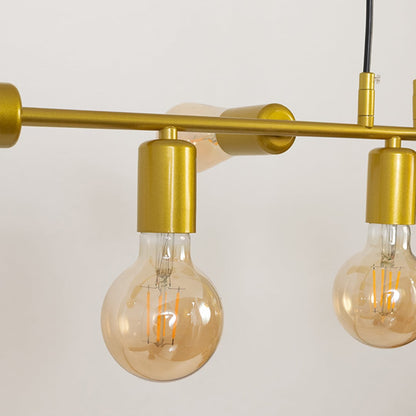Closeup view of the gold chandelier showcasing its sleek rods warm bulbs and refined metallic finish.