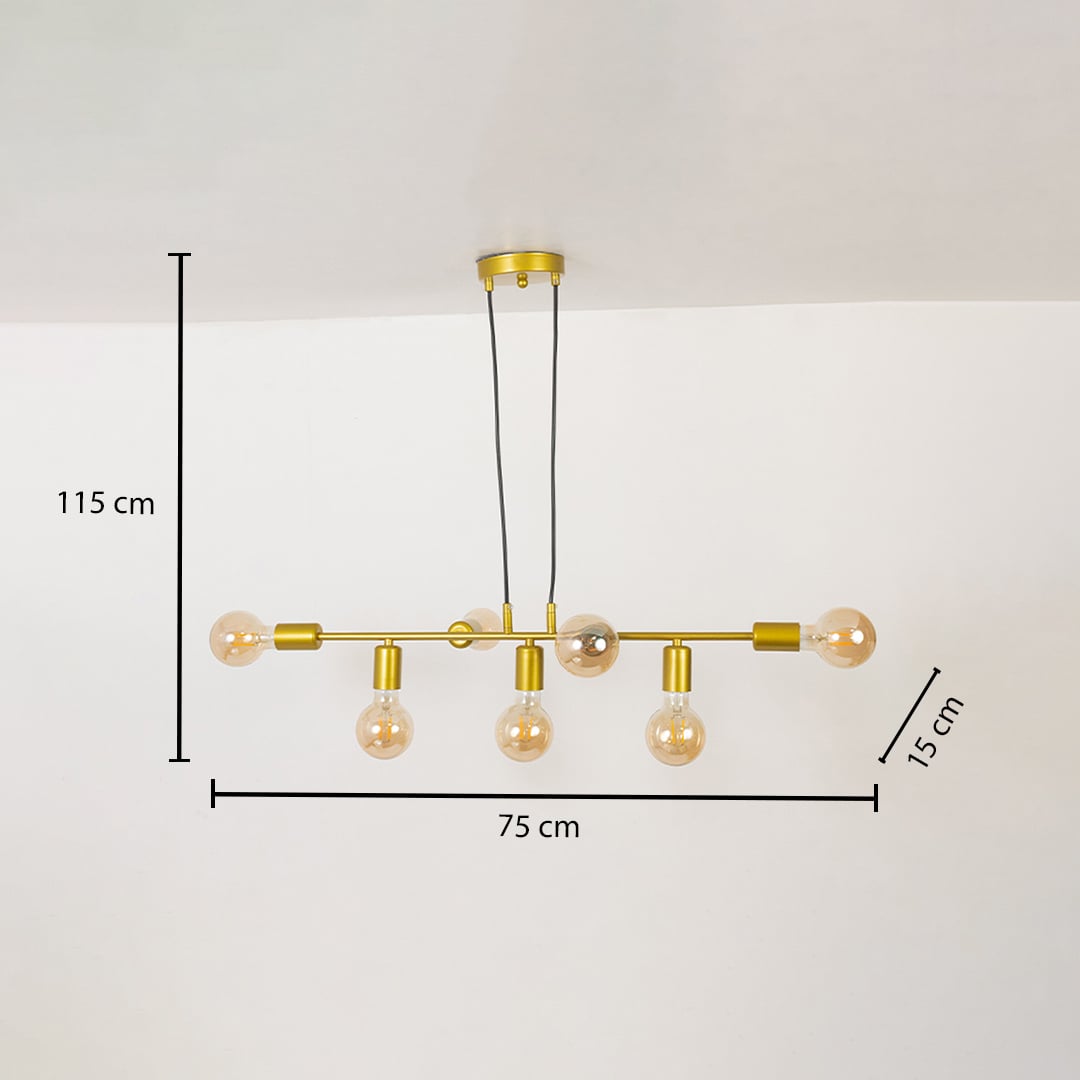 Chandelier shown with 115 cm height 75 cm width and 15 cm bulb depth for accurate size reference.