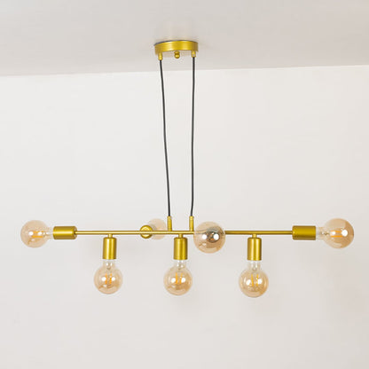 Modern linear chandelier with gold metal frame and exposed bulbs shown unlit on off white background for contemporary ceiling lighting.