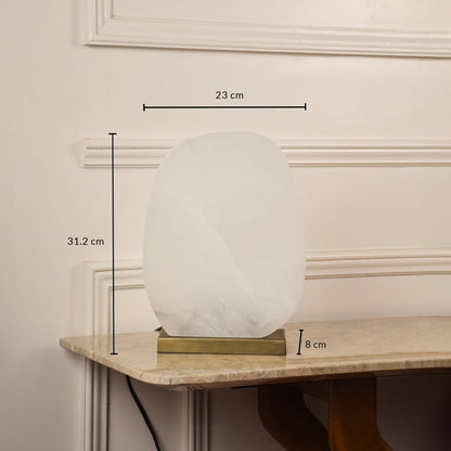 Table lamp with white glass globe and gold metal base showing 28 cm height and 20 cm width for bedside or console placement.