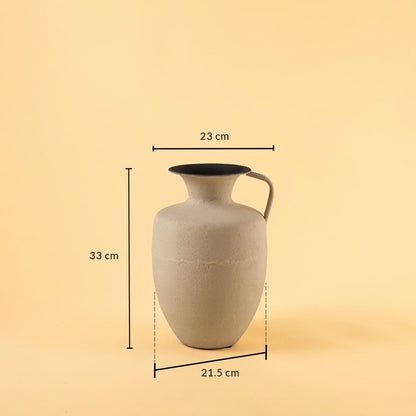 Cream metal jug vase decor with width 23 cm depth 21.5 cm and height 33 cm shown clearly for accurate size reference.