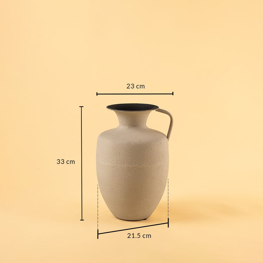 Cream metal jug vase decor with width 23 cm depth 21.5 cm and height 33 cm shown clearly for accurate size reference.