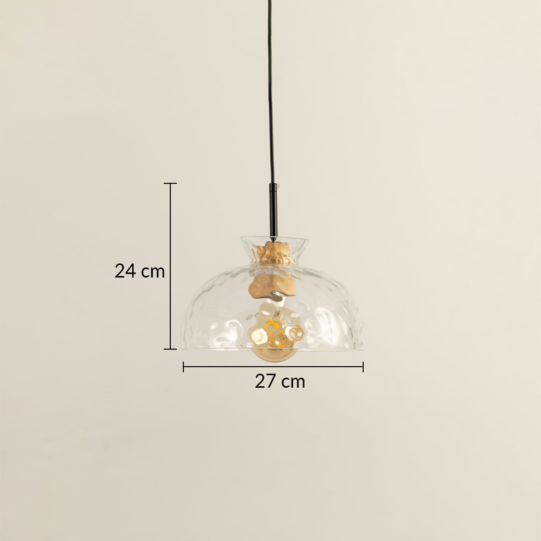 Clear glass and brass pendant light dimension image with 27 cm width and 24 cm height for modern dining placement.