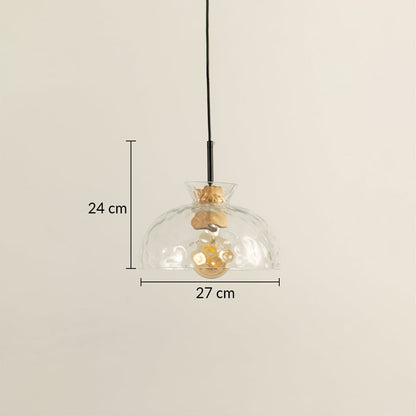 Clear glass and brass pendant light dimension image with 27 cm width and 24 cm height for modern dining placement.