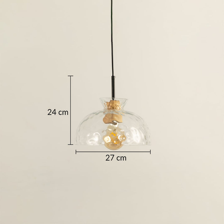 Clear glass and brass pendant light dimension image with 27 cm width and 24 cm height for modern dining placement.