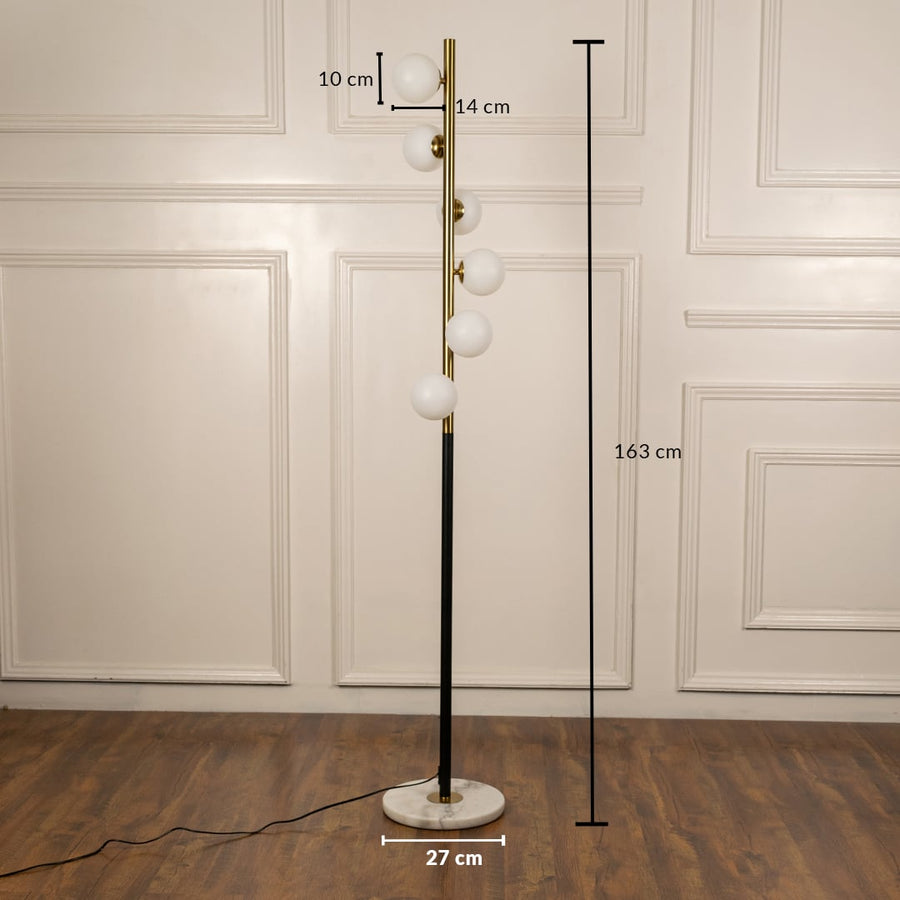 Floor lamp with multiple globe lights shown with dimensions 163 cm tall and 27 cm wide base perfect for modern home lighting needs.