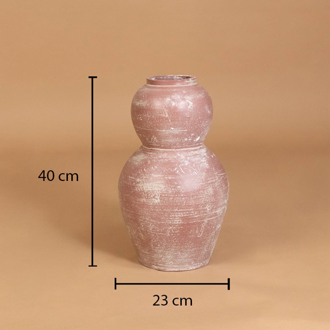 Rustic pink textured decorative vase shown with 40 cm height and 23 cm width for accurate placement in modern home interior decor.