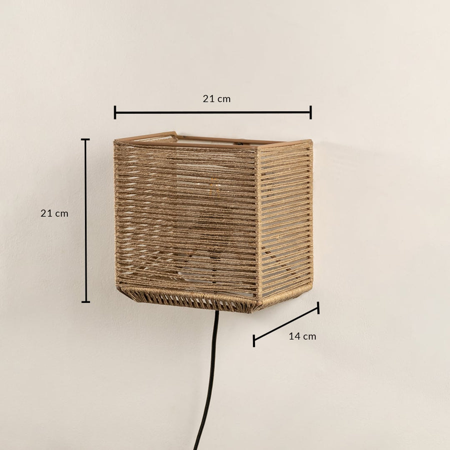 Handwoven jute wall light measuring 21 x 21 x 14 cm combines rustic charm with modern design perfect for ambient lighting.