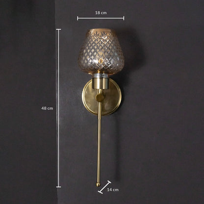 Gold wall sconce measuring 48 cm in height and 18 cm in width with 14 cm depth displayed on a dark background.