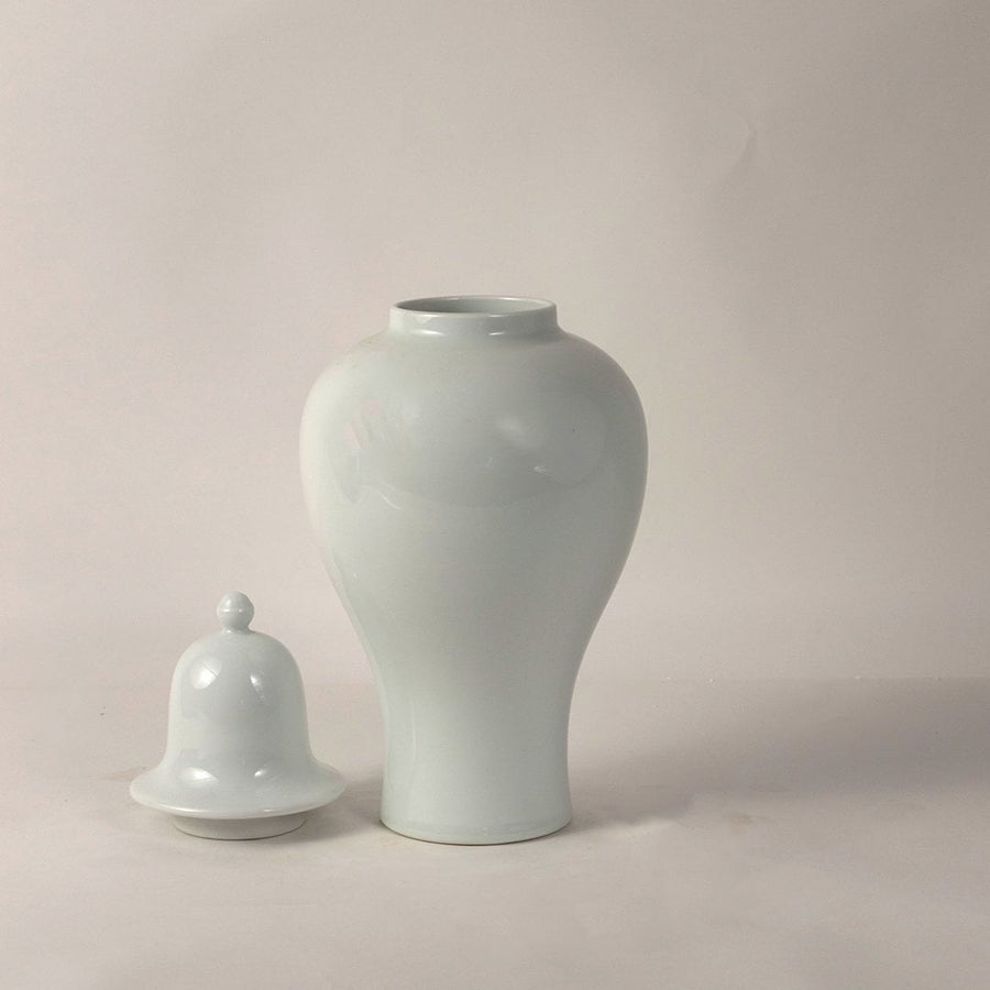 Artistic white ceramic ginger jar with glossy smooth finish and lid designed for stylish home interior accents.