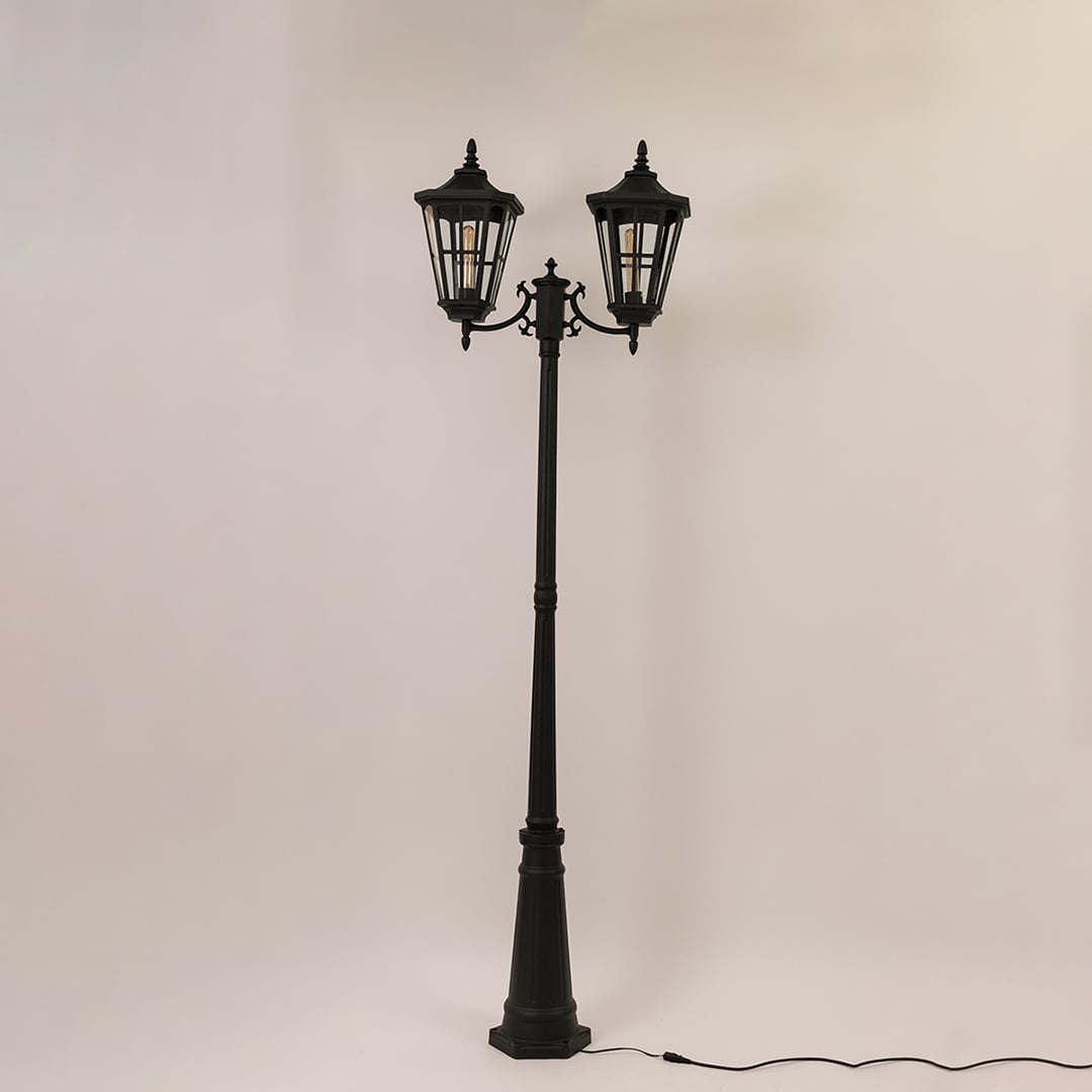 Black dual head outdoor street lamp displayed on white background perfect for home entrance and pathway lighting.