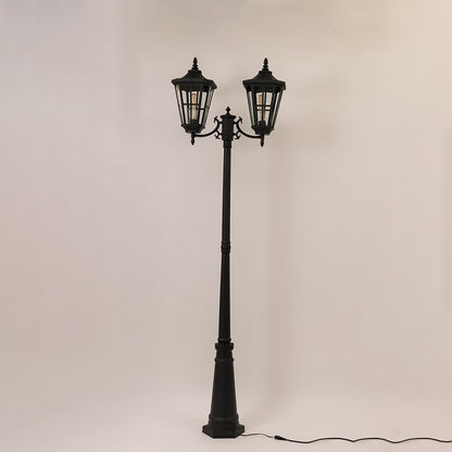 Black dual head outdoor street lamp displayed on white background perfect for home entrance and pathway lighting.