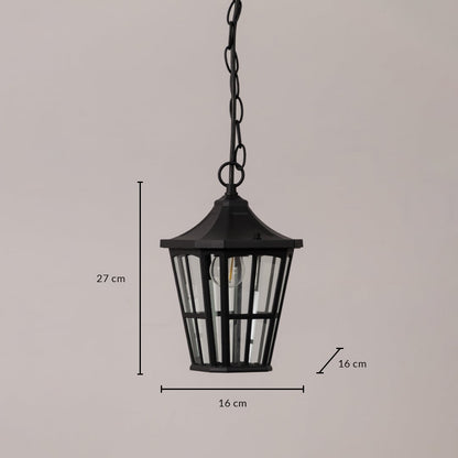 Black outdoor hanging lantern with size details shown as 27 cm height and 16 cm width ideal for entry porch and patio decor.