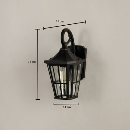 Black outdoor metal lantern with clear glass showing dimensions 31 cm height 21 cm width and 14 cm depth for accurate exterior wall placement.