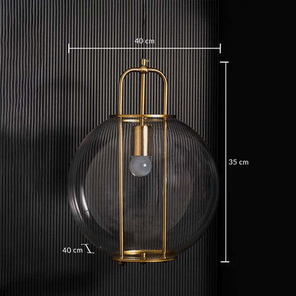 Pendant light with a transparent spherical shade measuring 40 cm width 40 cm depth and 35 cm height clearly displayed with dimension markings.