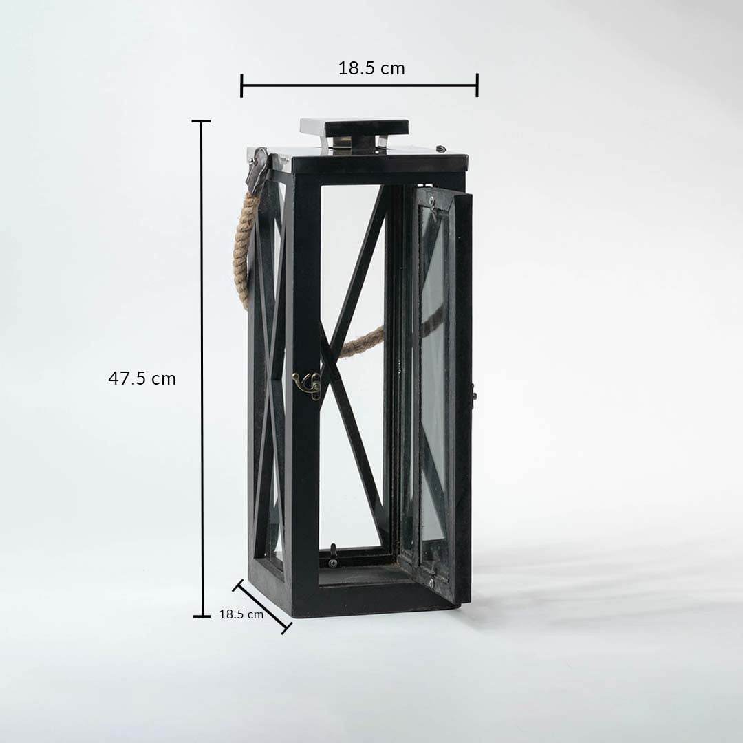 Dimensions of the Black Lantern showing height 47.5 cm width 18.5 cm and depth 18.5 cm ideal for tabletop console or entryway display.