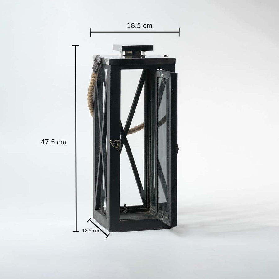 Dimensions of the Black Lantern showing height 47.5 cm width 18.5 cm and depth 18.5 cm ideal for tabletop console or entryway display.
