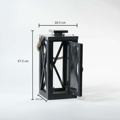 Dimensions of the Black Lantern are 37.5 cm in height and 18.5 cm in width perfect for tabletop console or entryway display.