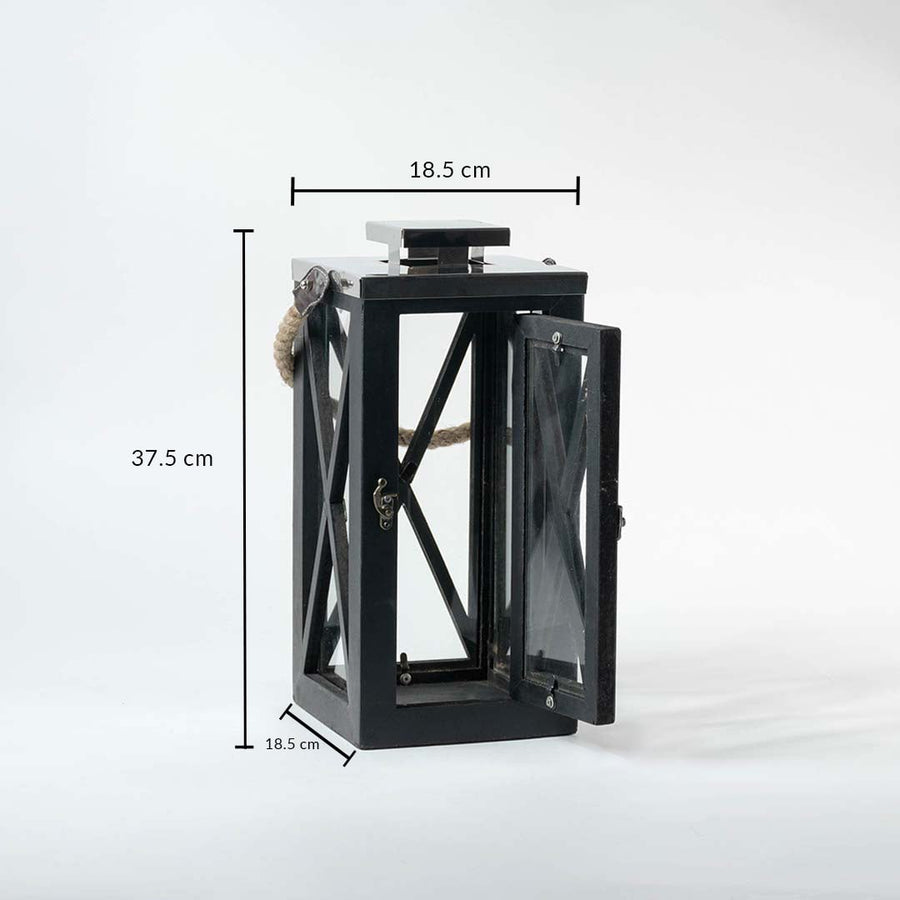 Dimensions of the Black Lantern are 37.5 cm in height and 18.5 cm in width perfect for tabletop console or entryway display.