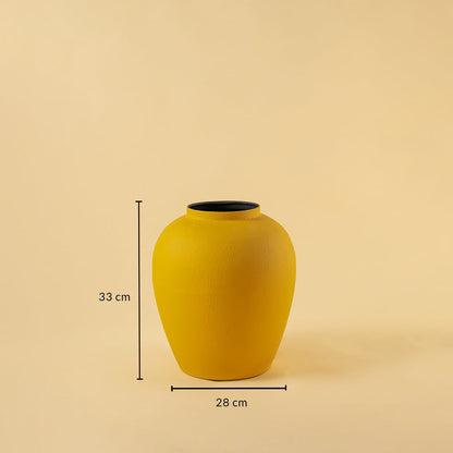 Yellow textured metal vase shown with 33 cm height and 28 cm width offering a clear accurate size reference.
