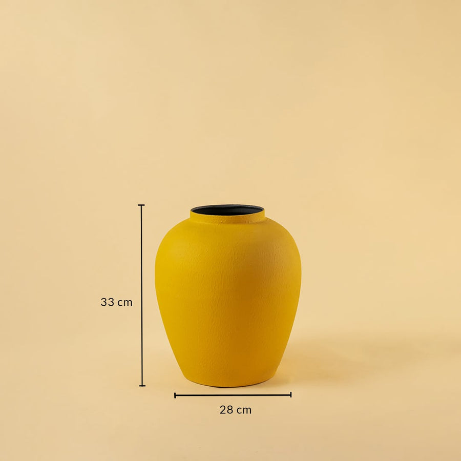 Yellow textured metal vase shown with 33 cm height and 28 cm width offering a clear accurate size reference.