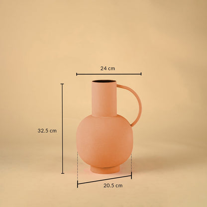 A peach vase displayed with clear measurements showing a height of 32 cm a width of 24 cm and a base width of 20 cm to help understand its exact size and proportions.