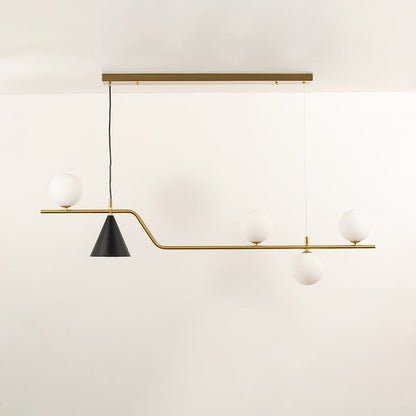 Gold metal chandelier with frosted glass globe shades designed for stylish modern dining room ceiling lighting.