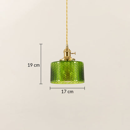 Green glass pendant light with brass top and yellow cord shown with 19 cm height and 17 cm width measurement detail.