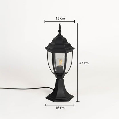 Outdoor black pillar lamp with hexagonal base clear glass and LED bulb showing 43 cm height and 16 cm width size.