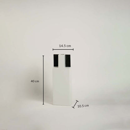 Ceramic vase with black top shown on white background with 40 cm height 14.5 cm width and 10.5 cm depth dimensions.