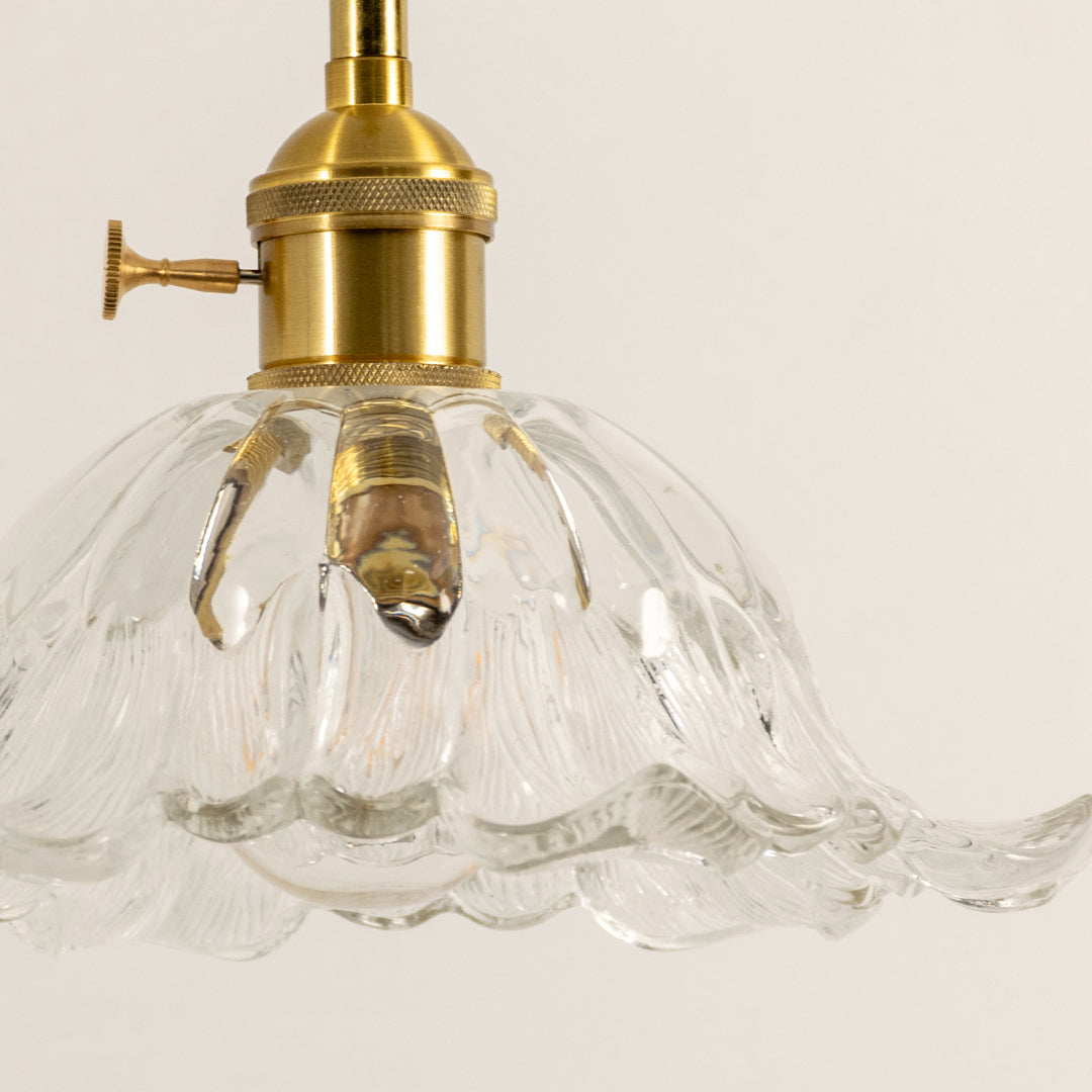 Detailed view of clear glass and brass metal pendant light showcasing premium finish and texture.