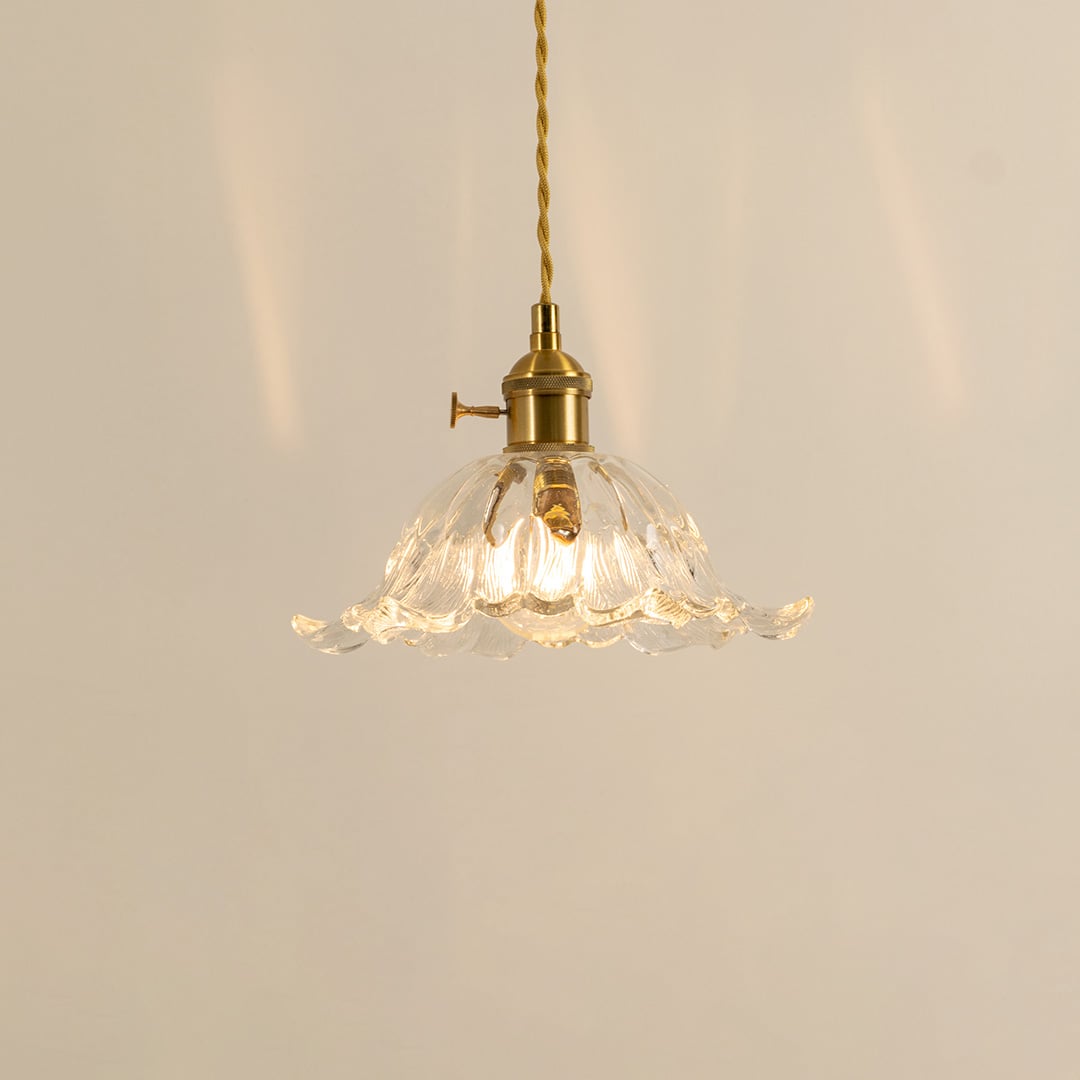 Clear glass and brass metal pendant light creating cozy ambience in stylish modern dining spaces.