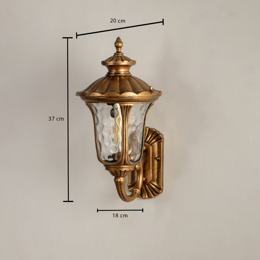 A gold outdoor wall lantern shown on a white background with all measurements clearly marked including height 37 cm width 18 cm and wall extension 20 cm for precise installation reference.