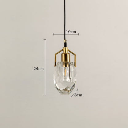 Pendant hanging light shown with 24 cm height and 10 cm width featuring a faceted crystal shade and modern metal detailing ideal for elegant interior home decor lighting.