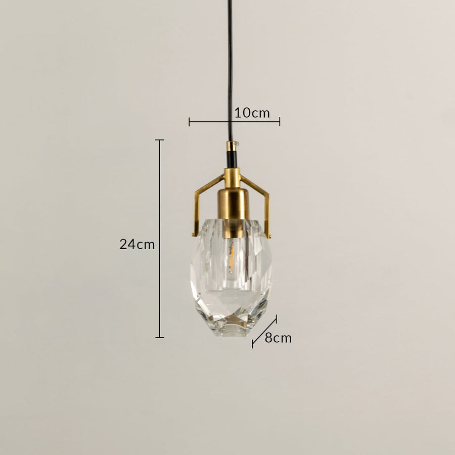 Pendant hanging light shown with 24 cm height and 10 cm width featuring a faceted crystal shade and modern metal detailing ideal for elegant interior home decor lighting.