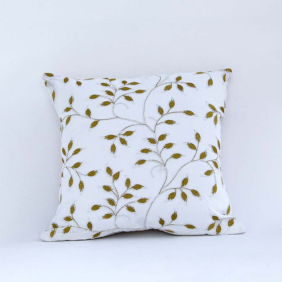 White cotton cushion cover with yellow botanical leaf print for sofa couch bedroom and stylish home decor accents.