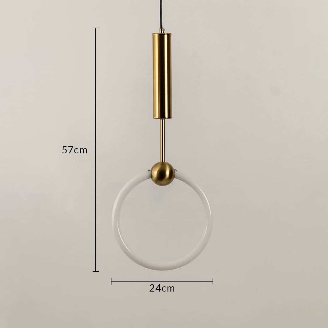 Pendant light shown with 57 cm height and 24 cm width featuring a white circular ring shade and metal cylinder ideal for modern interior home decor lighting.