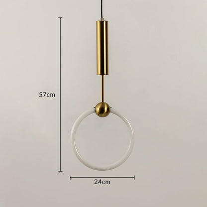 Pendant light shown with 57 cm height and 24 cm width featuring a white circular ring shade and metal cylinder ideal for modern interior home decor lighting.