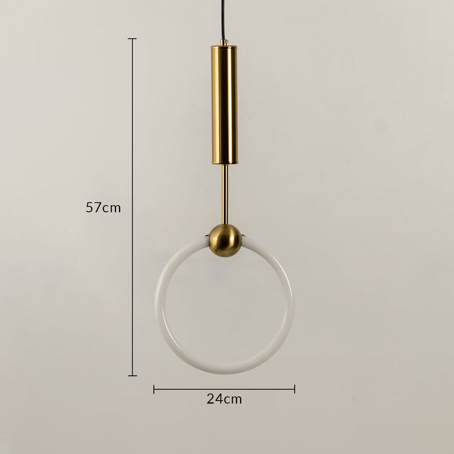 Pendant light shown with 57 cm height and 24 cm width featuring a white circular ring shade and metal cylinder ideal for modern interior home decor lighting.